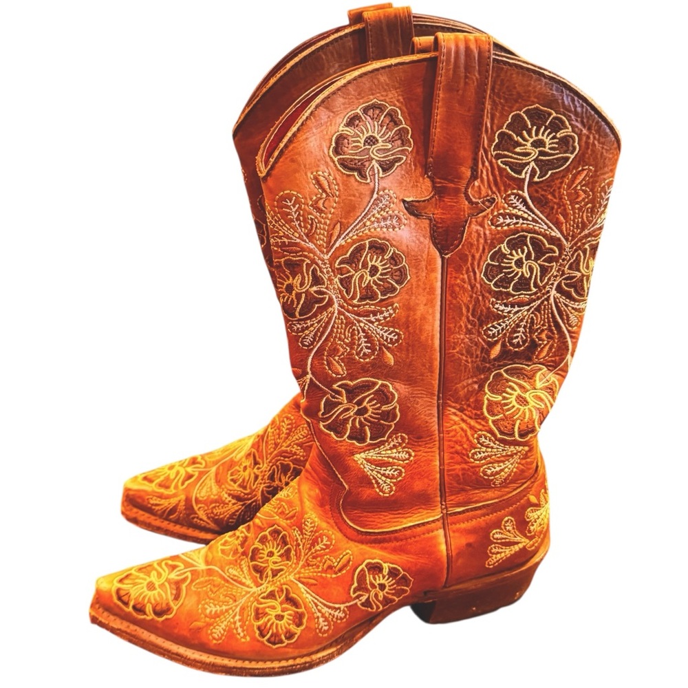 Macie Bean Brown Leather Embroidered Point Toe Western Women's Boots sz 9 M